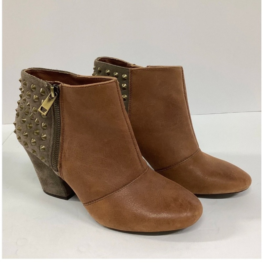Jessica Simpson Studded Mixed Media Ankle Boots Tan Leather Grey Suede 3.5" Heel